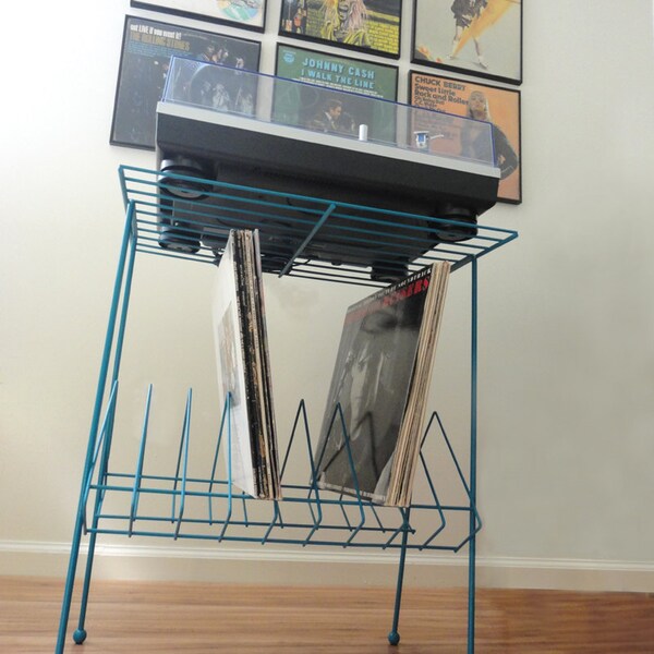Retro Mid Century Teal Metal Wire Record Stand