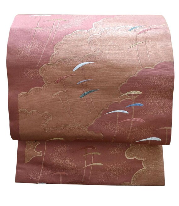 Vintage Pink Silk Nagoya Obi: Cloud & Gold Embroidery, Japanese Kimono Belt View 2
