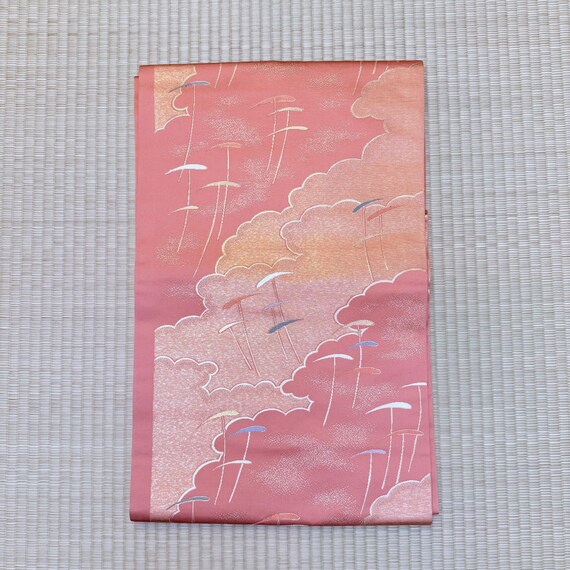 Vintage Pink Silk Nagoya Obi: Cloud & Gold Embroidery, Japanese Kimono Belt View 5