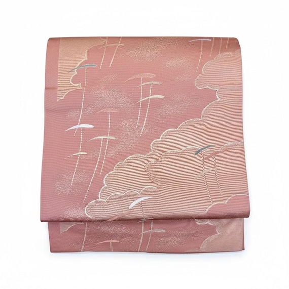 Vintage Pink Silk Nagoya Obi: Cloud & Gold Embroidery, Japanese Kimono Belt