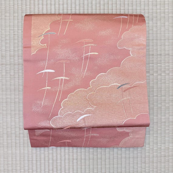 Vintage Pink Silk Nagoya Obi: Cloud & Gold Embroidery, Japanese Kimono Belt View 4