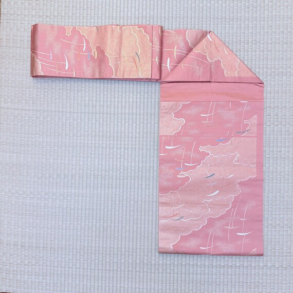 Vintage Pink Silk Nagoya Obi: Cloud & Gold Embroidery, Japanese Kimono Belt View 6