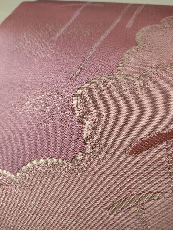 Vintage Pink Silk Nagoya Obi: Cloud & Gold Embroidery, Japanese Kimono Belt View 3