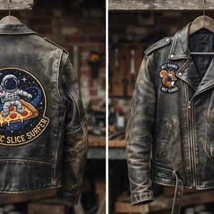 以下が含まれることがあります： 使い込まれたダークブラウンのレザー製モーターサイクルジャケット。背中にはピザの上でサーフィンをする宇宙飛行士の大きなパッチと「Galactic Slice Surfer」の文字が施されています。前面にはリス、ナマケモノ、ピザのスライスの小さなパッチが3つ付いています。