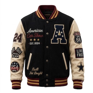 American Car Show Varsity Letterman-jacka – Svart & krämfärgad Route 66 Racing Bomberjacka