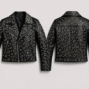 Chaqueta de cuero con ojales y remaches – Chaqueta estilo motera negra con ojales plateados