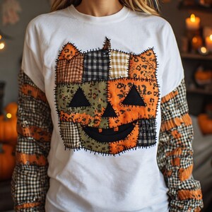 Peut inclure: Un t-shirt blanc à manches longues avec un grand motif central de citrouille composé de divers tissus en patchwork, incluant des imprimés léopard, orange et vichy noir et blanc. Les manches présentent un motif vichy noir et blanc assorti.