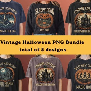 Peut inclure: Une collection de six t-shirts et sweat-shirts présentant des imprimés graphiques d'Halloween de style vintage. Chaque vêtement affiche un design unique centré sur une citrouille, incluant des scènes de phare, de maison hantée et de sorcières.