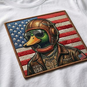 4th of July PNG, Patriotic Aviator Duck Chunky Patch, Independence Day DTF Print File, USA Flag Embroidery Effect, Vintage Pilot Clipart