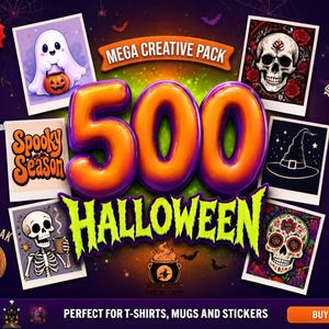 500 Halloween Clipart Bundle PNG, Skeleton Ghost Pumpkin Witch Vampire, Retro Sublimation Designs, Commercial Use, Instant Download