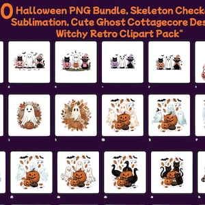 Peut inclure: Une collection numérique de 100 designs PNG d'Halloween avec des fantômes, des chats noirs, des citrouilles et des feuilles d'automne. Le texte indique : 100 Halloween PNG Bundle, Skeleton Checkered Sublimation, Cute Ghost Cottagecore Designs, Witchy Retro Clipart Pack.