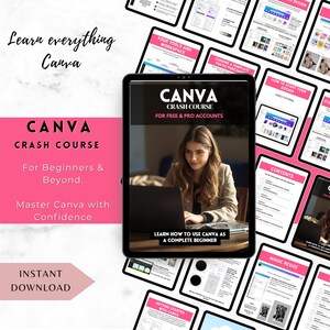 May include: An advertisement for a Canva Crash Course, featuring a tablet displaying the course content. The image includes the text "CANVA CRASH COURSE" and "Learn How to Use Canva as a Complete Beginner." Additional pages and text elements are visible in the background.