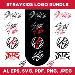 以下が含まれることがあります： さまざまなスタイルのStray Kidsロゴデザインのコレクション。ロゴは、バンド名を様式化されたスクリプトで表示し、円形および幾何学的なデザインも表示します。カラーパレットには、黒、白、赤が含まれます。ファイル形式には、AI、EPS、SVG、PDF、PNG、JPEGが含まれます。