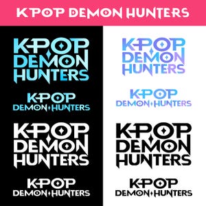 May include: A graphic design featuring the text "KPOP DEMON HUNTERS" in various color schemes and arrangements. The design includes the words "KPOP" and "DEMON HUNTERS" with a diamond-shaped symbol. The background is black and white.