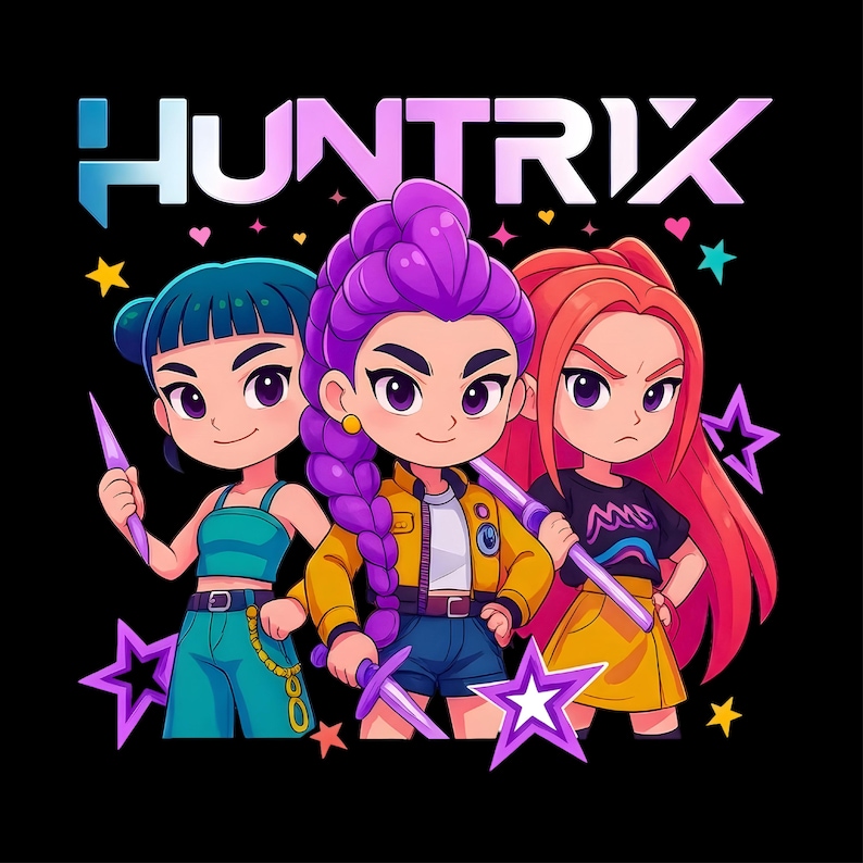 May include: A digital illustration featuring three anime-style characters with different hair colors: blue, purple, and red. The characters are holding swords and are surrounded by stars. The word "HUNTRIX" is written above them.