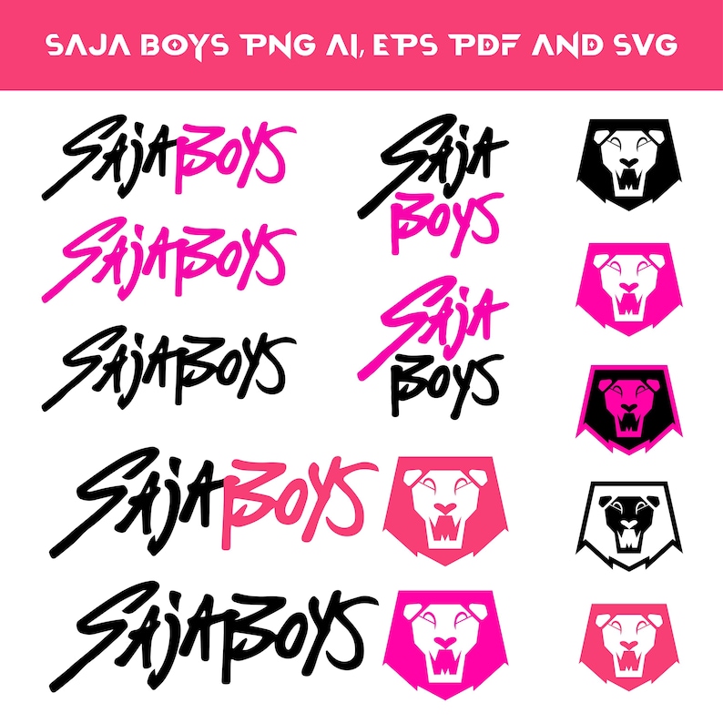 May include: A graphic design featuring the text "SAJA BOYS" in various styles and colors, including black and pink. The design also includes lion head logos in black and pink. The text "PNG AI, EPS PDF AND SVG" is at the top.