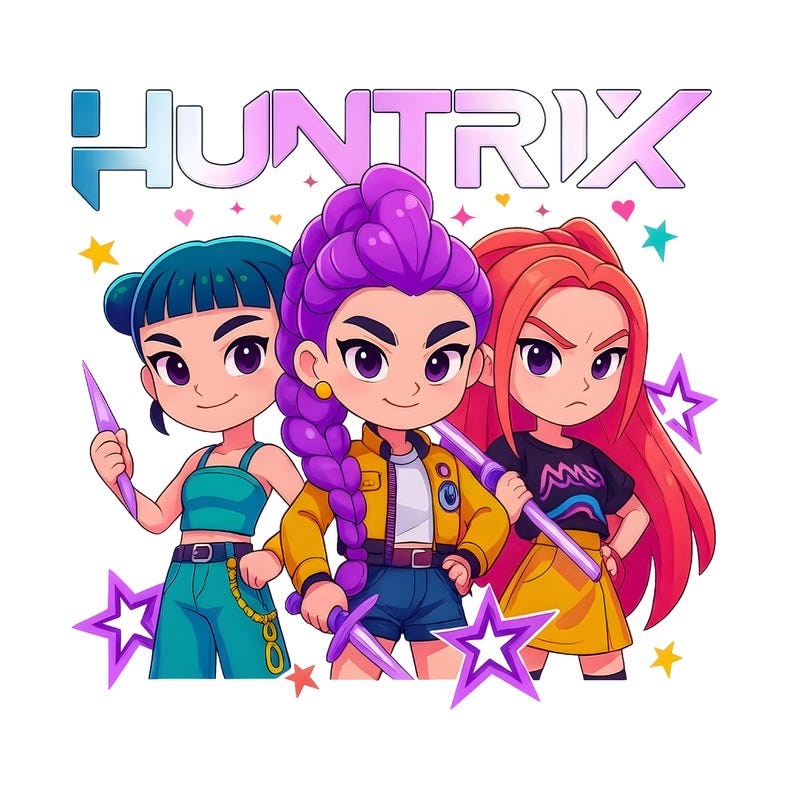 May include: Illustration of three anime-style characters with weapons, the word "HUNTRIX" above them. The characters have teal, purple, and red hair, and are surrounded by stars. The characters are wearing different outfits.