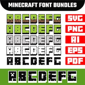 May include: A Minecraft font bundle with various font styles. The image displays the letters A, B, C, D, E, F, and G in multiple color schemes, including green, gray, and black. File types include SVG, PNG, AI, EPS, and PDF.