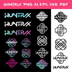 May include: A graphic design featuring the word "HUNTRIX" in various styles and colors, including white, blue, and pink. The image also includes geometric shapes and the text "PNG, AI, EPS, SVG, PDF".