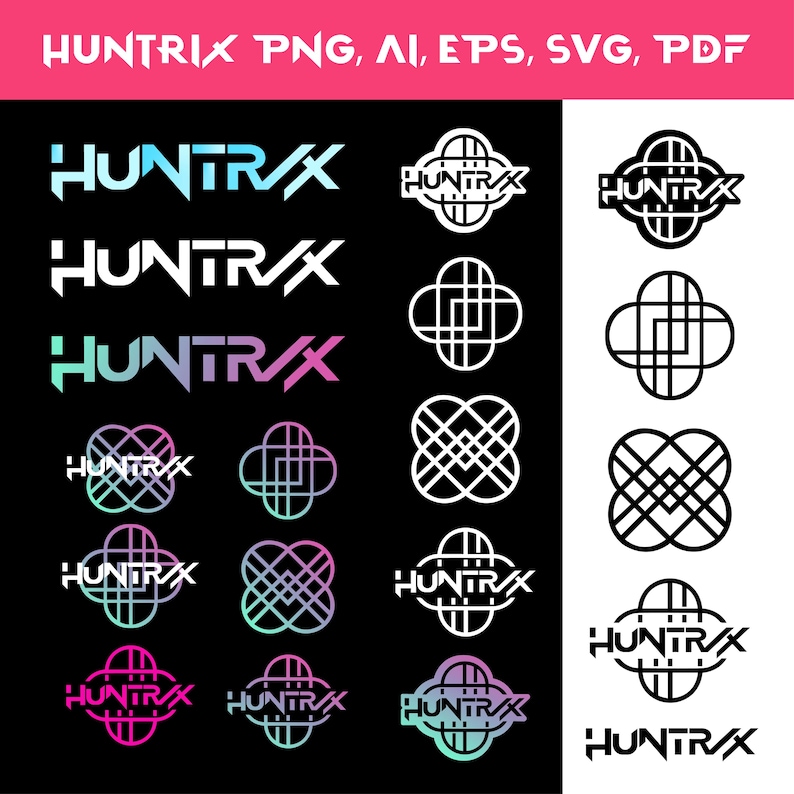 May include: A graphic design featuring the word "HUNTRIX" in various styles and colors, including white, blue, and pink. The image also includes geometric shapes and the text "PNG, AI, EPS, SVG, PDF".