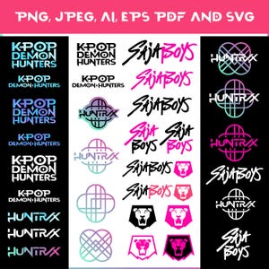 May include: A collection of digital graphics featuring text and logos. The designs include the phrases "K-POP DEMON HUNTERS" and "SAJA BOYS" in various fonts and colors, along with stylized lion head emblems and geometric shapes.