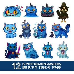 May include: Twelve cartoon illustrations featuring blue cats and a crow, each with distinct expressions and accessories. The text at the bottom reads "12 KPOP DEMON HUNTERS DER PY TIGER PNG".