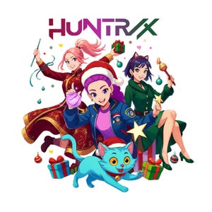 May include: Digital illustration featuring three anime-style women and a blue cat, all in festive attire. The women are holding Christmas ornaments and gifts. The word "HUNTRAX" is displayed in a stylized font above the characters. Presents and ornaments are scattered around.