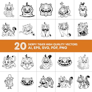May include: A collection of 20 black and white vector illustrations of cartoon cats with various expressions and poses. The text "DERPY TIGER HIGH QUALITY VECTORS" is displayed in orange, along with file type options.