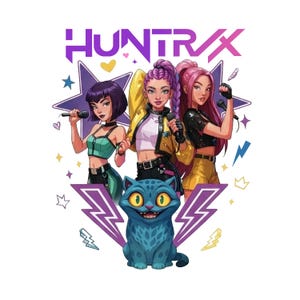 May include: Illustration of three female singers with microphones, the word "HUNTRAX" in purple, and a blue cat. The singers have different hair colors and wear stylish outfits. The background includes stars, hearts, and lightning bolts.