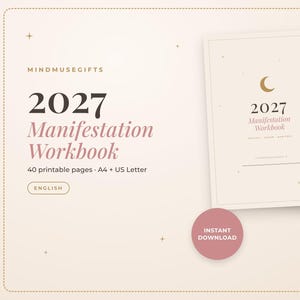 Könnte beinhalten: Ein 2027 Manifestations-Arbeitsbuch mit beigem Einband, verziert mit einem goldenen Halbmond, Sternen und dem Text 2027 Manifestation Workbook. Das Set enthält 40 druckbare Seiten in den Formaten A4 und US Letter mit gestapelten Innenseiten.
