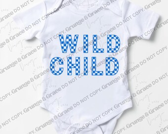 Wild Child SVG PNG | Blue Checkered Kids Shirt Design | Digital Download