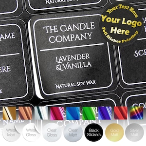 May include: Black rectangular labels with white text for "The Candle Company," featuring "Lavender & Vanilla" and "Natural Soy Wax." A gold foil sticker with "Your Text Here" and "Your Logo Here" is also visible. Various label color options are shown.
