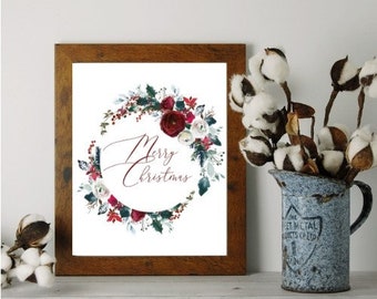 Merry Christmas Floral Wreath Digital Download Instant Printable PDF Christmas Holiday Floral Farmhouse