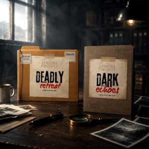 May include: Two rectangular case files titled The Enigma Archives. The left file is tan with the text Deadly Retreat Case File No. 001. The right file is grey with the text Dark Echoes Case File No. 002. Both feature a magnifying glass icon.