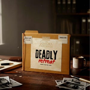 May include: A tan cardboard file folder labelled The Enigma Archives Deadly Retreat Case File No. 001. The folder features two small white labels in the top corners marked Cold Case Unsolved. The folder is secured with a thin red elastic band.