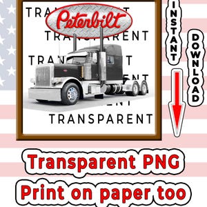 Może przedstawiać: Czarna ciężarówka Peterbilt z chromowanym grillem i rurami wydechowymi, przedstawiona jako grafika cyfrowa. Obraz zawiera tekst Peterbilt, Instant Download, Transparent PNG oraz Print on paper too, wraz z czerwoną strzałką skierowaną w dół.