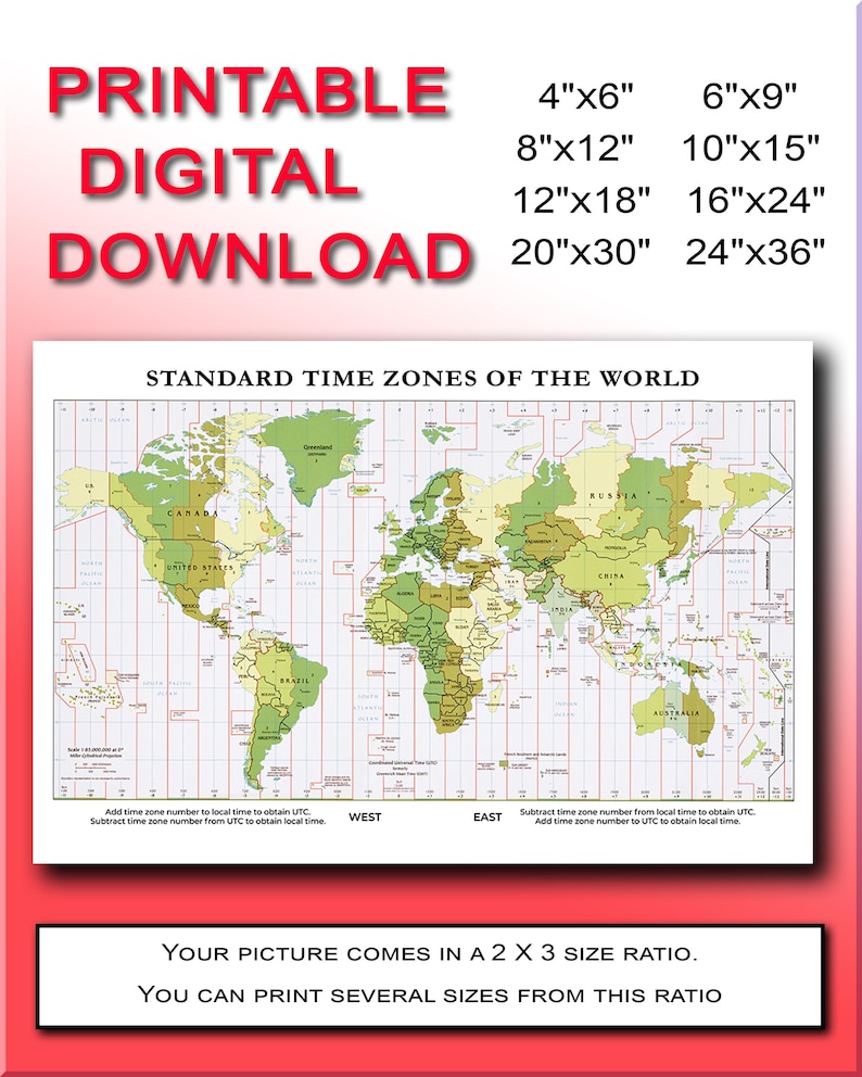 World Time Zones Map Printable Poster (digital Download) - Etsy
