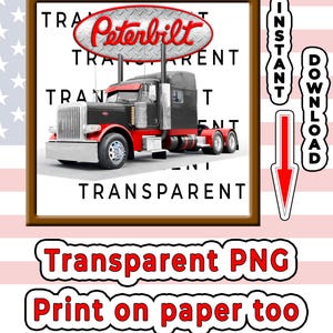 Può includere: Un grafico di un autoarticolato Peterbilt nero e rosso con griglia e tubi di scarico argentati. L'immagine presenta il logo rosso Peterbilt su uno sfondo in lamiera striata, con il testo INSTANT DOWNLOAD, Transparent PNG e Print on paper too.