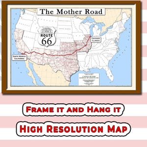 May include: A framed map of the United States featuring the Route 66 highway path in red, extending from Chicago, Illinois to Santa Monica, California. The map includes the text The Mother Road and a Route 66 shield logo established in 1926.