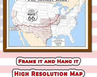 Route 66 on a high resolution 1950 map, large printable poster (instant download)