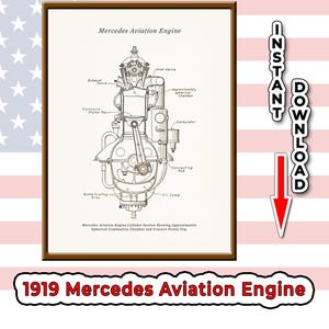 May include: A framed print of a 1919 Mercedes Aviation Engine diagram. The diagram is a detailed technical drawing with labels like "Exhaust Valve" and "Connecting Rod". The print is in a brown frame with the text "INSTANT DOWNLOAD" and "1919 Mercedes Aviation Engine".
