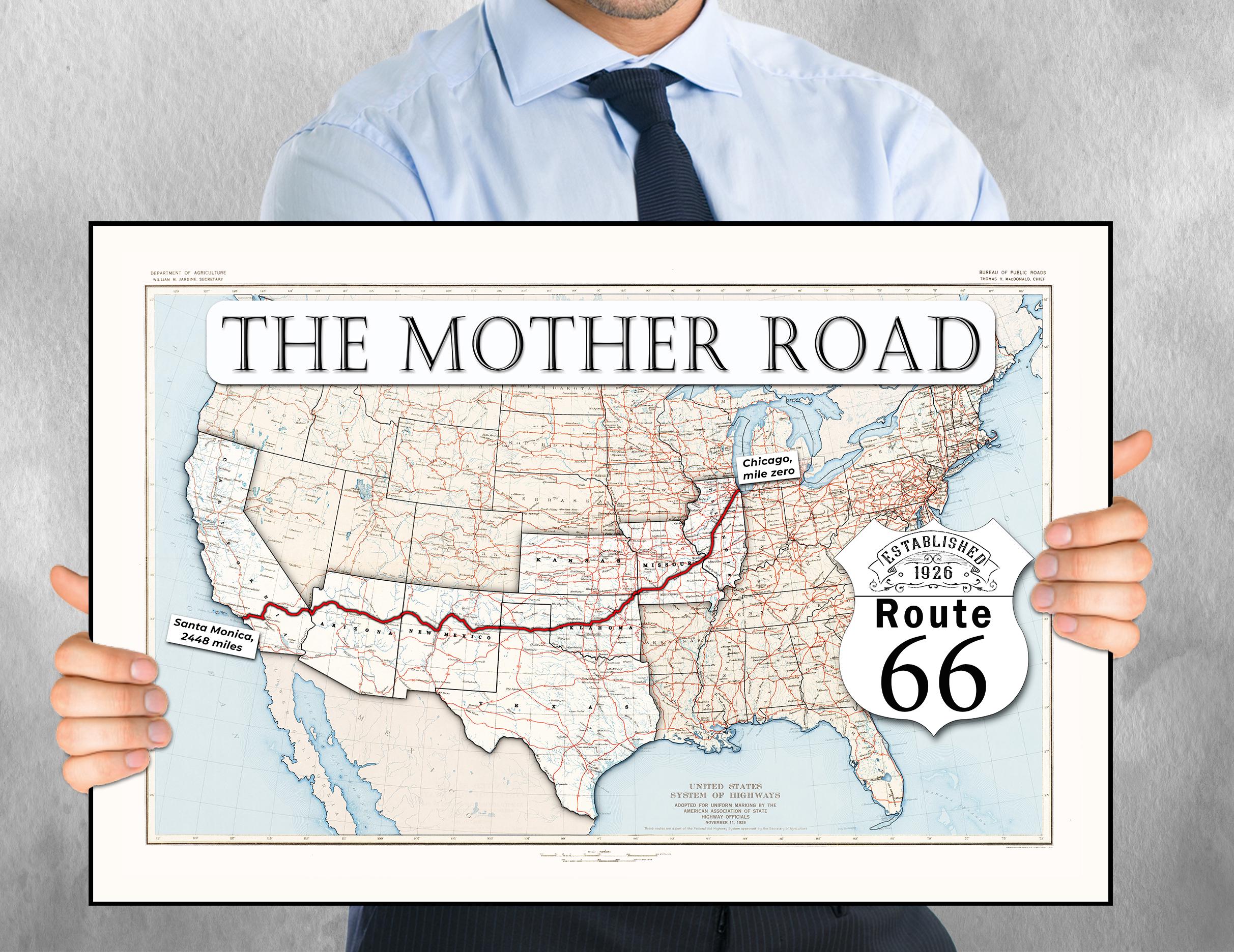 1926 Route 66 Map With States Highlighted Printable Poster (instant