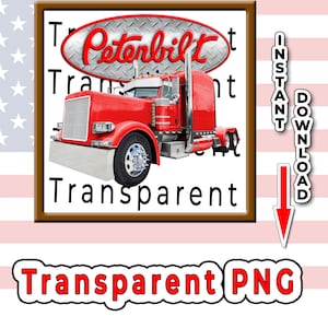 Może przedstawiać: Ilustracja czerwonej ciężarówki Peterbilt ze słowem "Peterbilt" w czerwonym owalu. Obraz zawiera słowa "Przezroczysty" i "Natychmiastowe pobieranie" ze strzałką w dół. Obraz jest oprawiony w brązową ramkę.