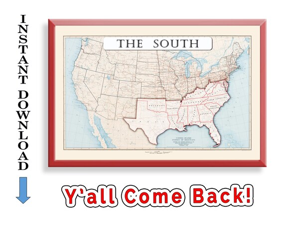The South Map Art Print, Dixieland Vintage Poster (digital