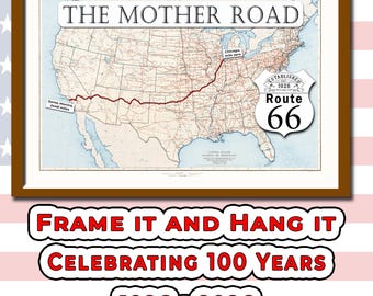 Mapa da Rota 66 de 1926 com água azul para imprimir e usar como arte de parede (download instantâneo)