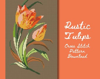 May include: A cross-stitch pattern featuring orange and yellow tulips with green leaves and stems. The text "Rustic Tulips" and "Cross Stitch Pattern Download" are displayed in white script on an orange background.