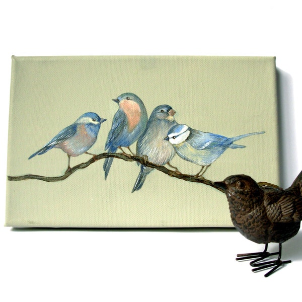 Summer party for blue birds . Original painting on canvas 5,5" x 8,5. Gift idea.