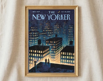 Puede incluir: Impresión enmarcada de una portada de la revista New Yorker con un paisaje urbano nocturno con siluetas. La obra de arte está en un marco dorado. El título y la fecha de la revista son visibles.