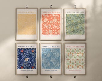 May include: Six framed botanical art prints featuring designs by William Morris. The prints showcase floral patterns in various colour schemes, including yellow, orange, green, blue, and red. Each print is labelled with "WILLIAM MORRIS" and "BOTANICAL COLLECTION".