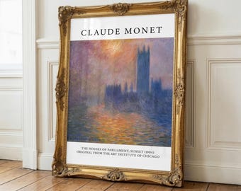 May include: A framed print of Claude Monet's "The Houses of Parliament, Sunset (1904)" from the Art Institute of Chicago. The artwork shows the Houses of Parliament in a hazy, colorful sunset, in a gold ornate frame.
